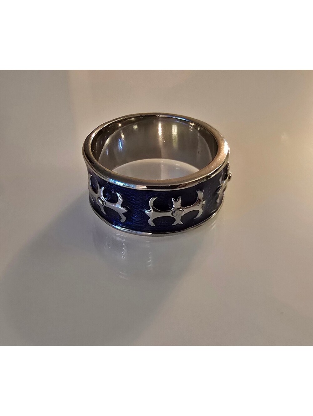 Blue Enamel Silver Tone Wide Band Ring Abstract Tribal Design Size 11
